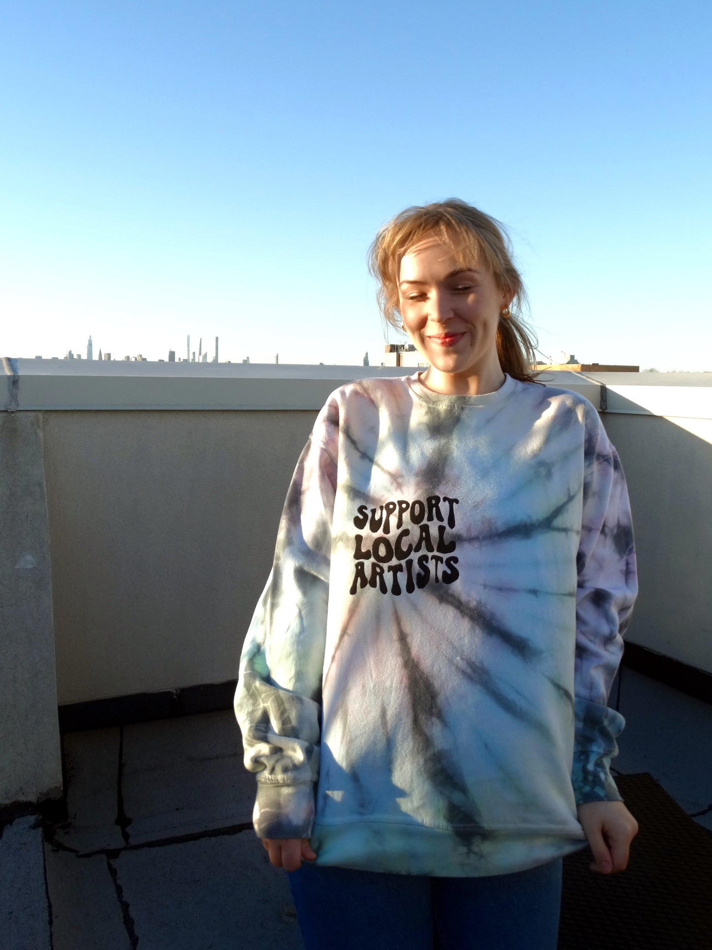 support local artists rainbow crewneck