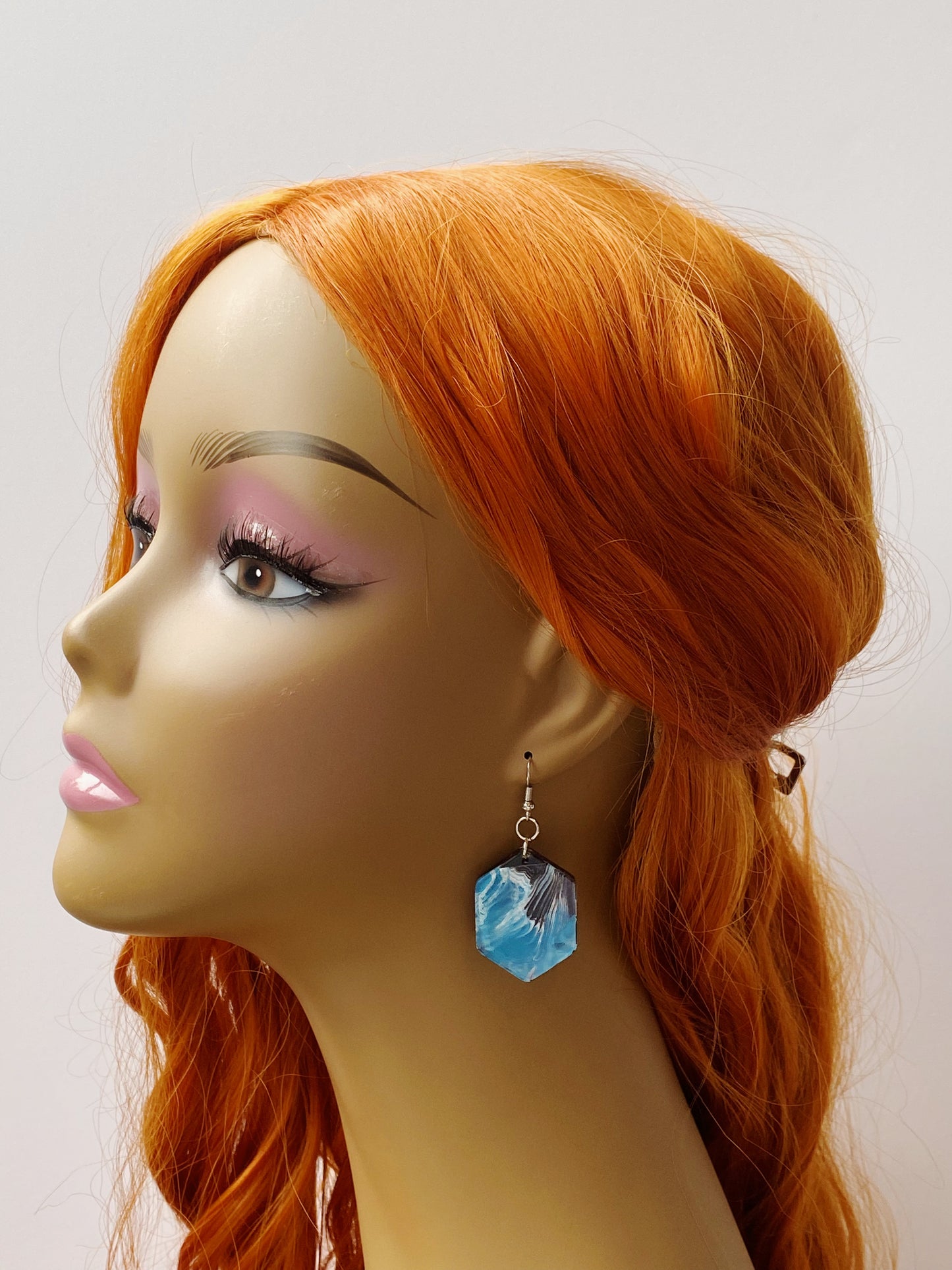 blue hexagon swirl earrings