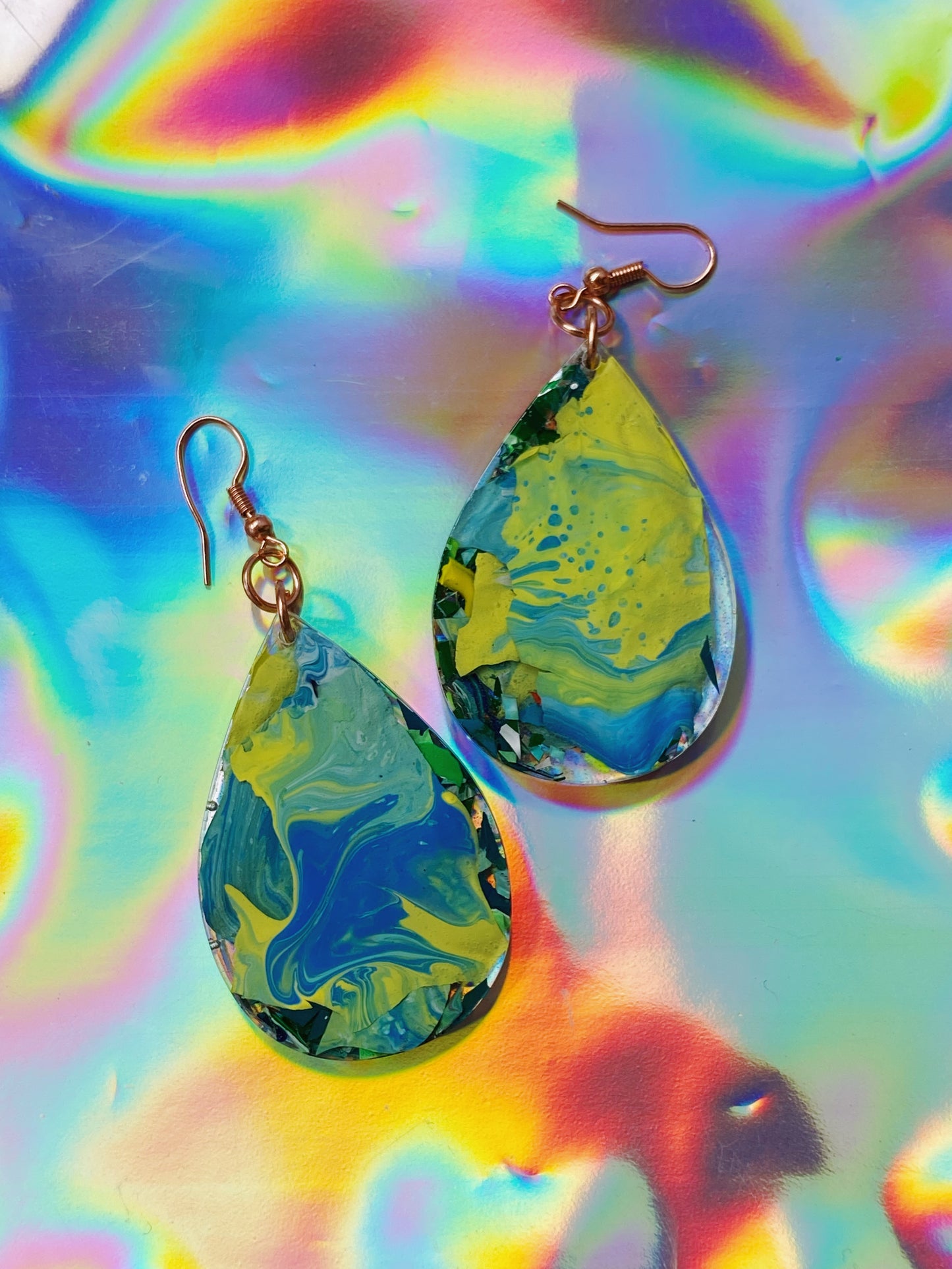 blue and yellow teardrop swirl earrings