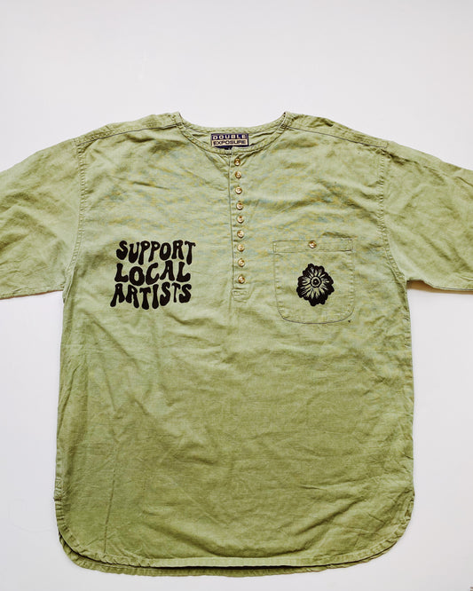 support local artists green linen shirt