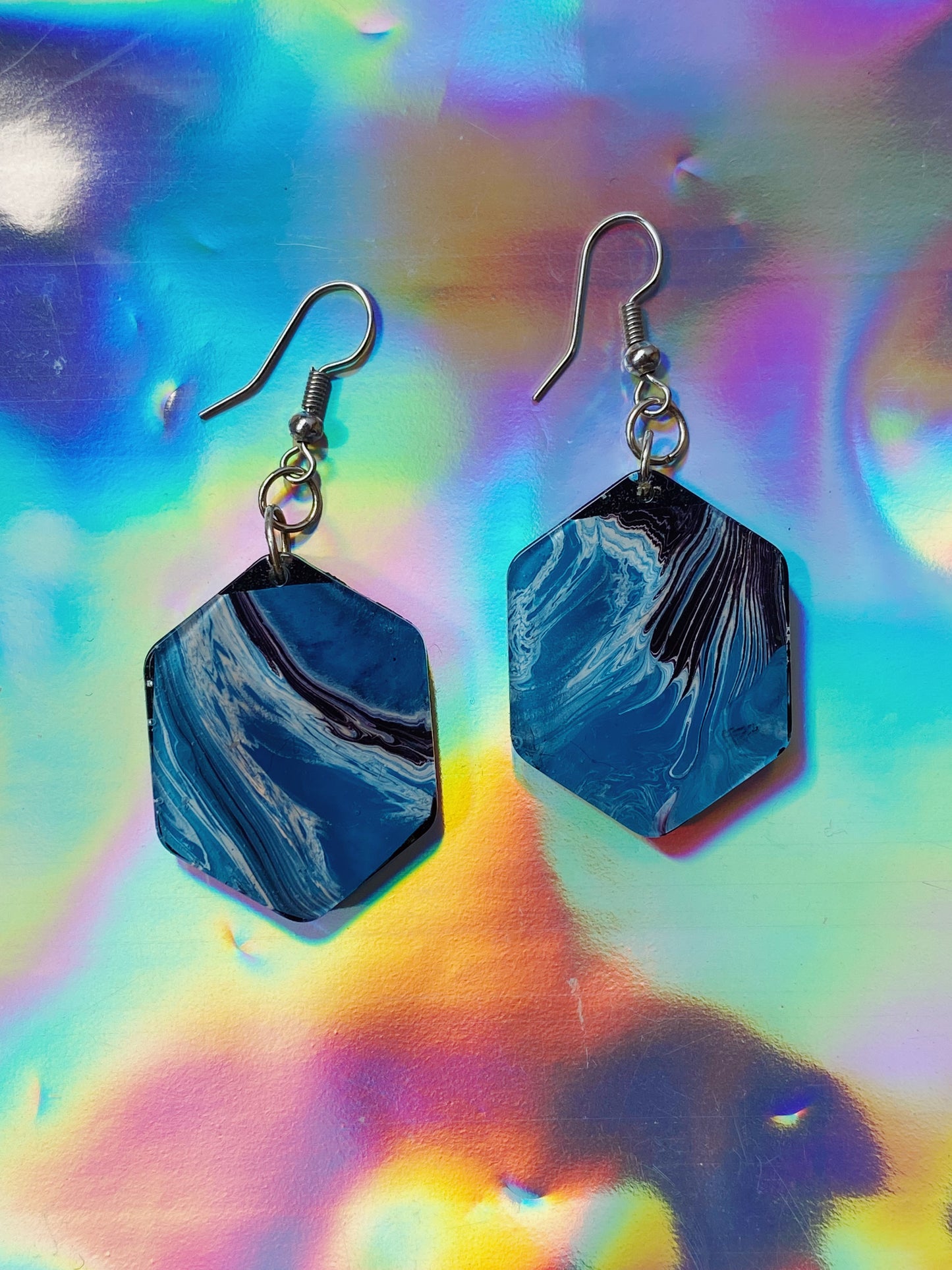 blue hexagon swirl earrings