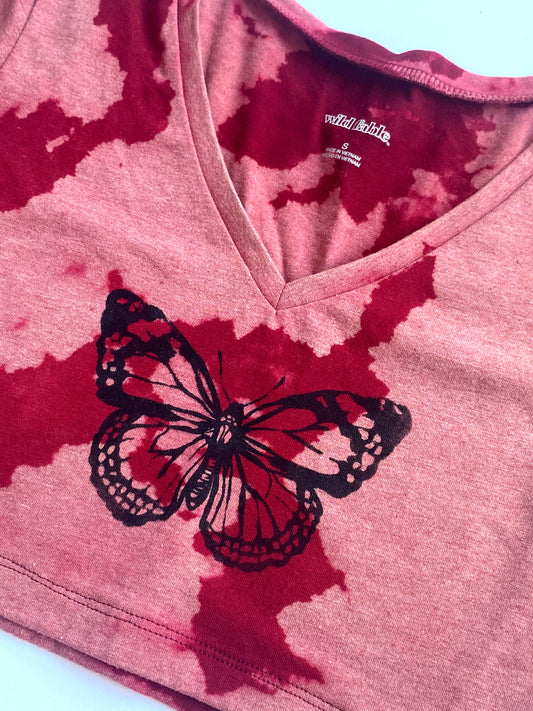 butterfly bleach dye crop v-neck tee