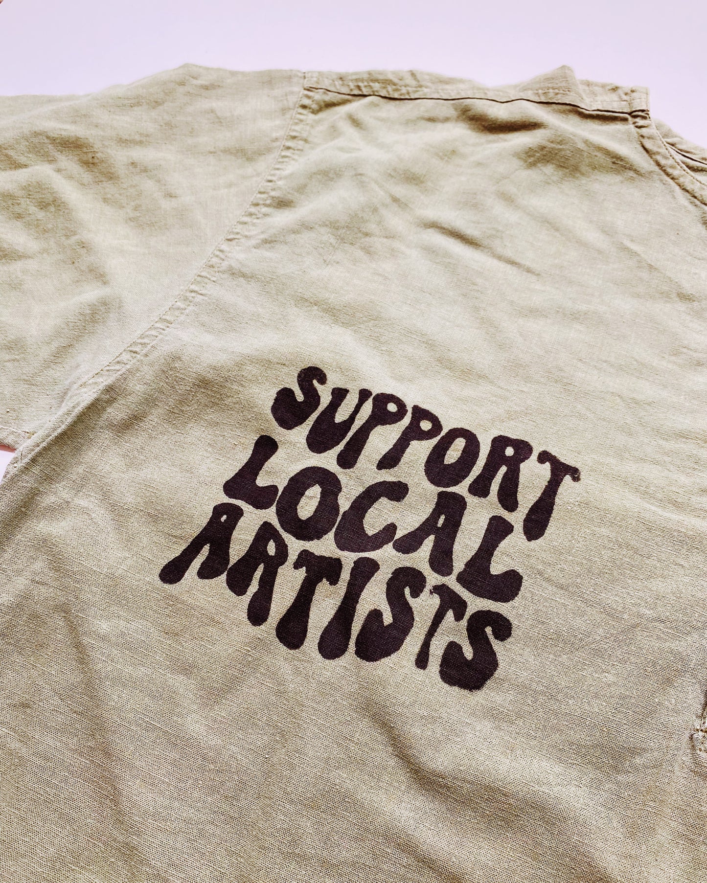support local artists green linen shirt