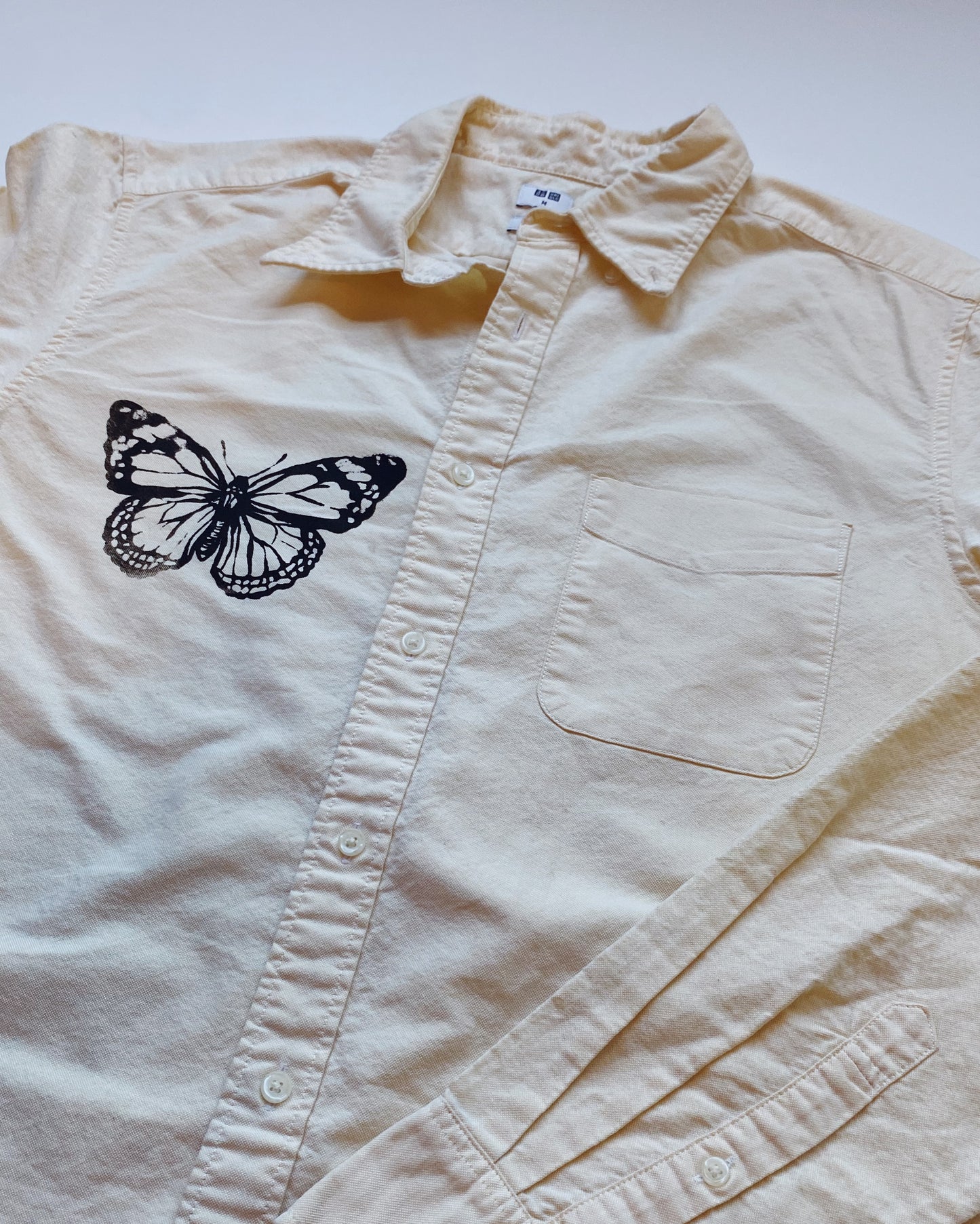 yellow butterfly button down shirt