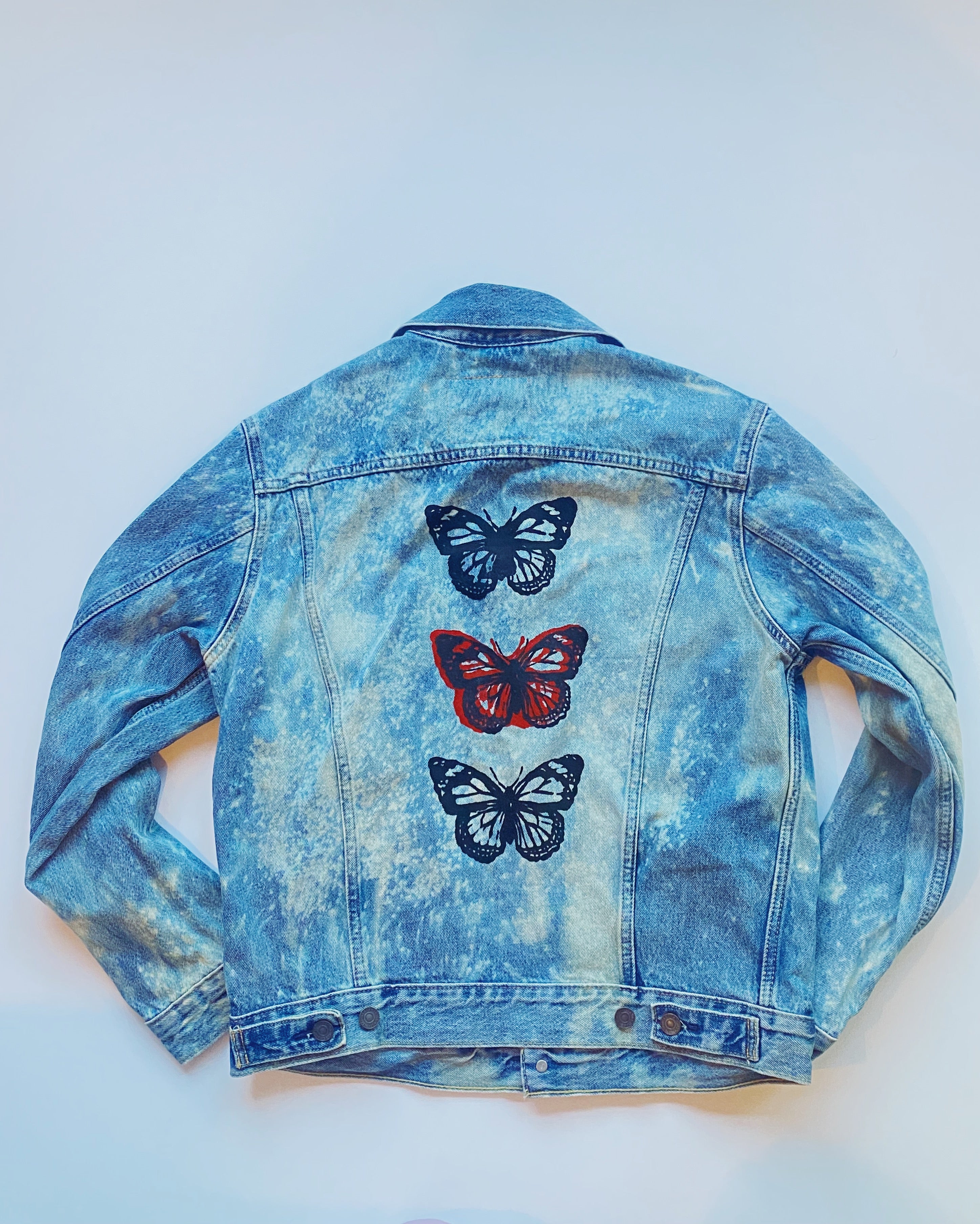 triple butterfly bleached denim jacket Black Iris by Eleanor