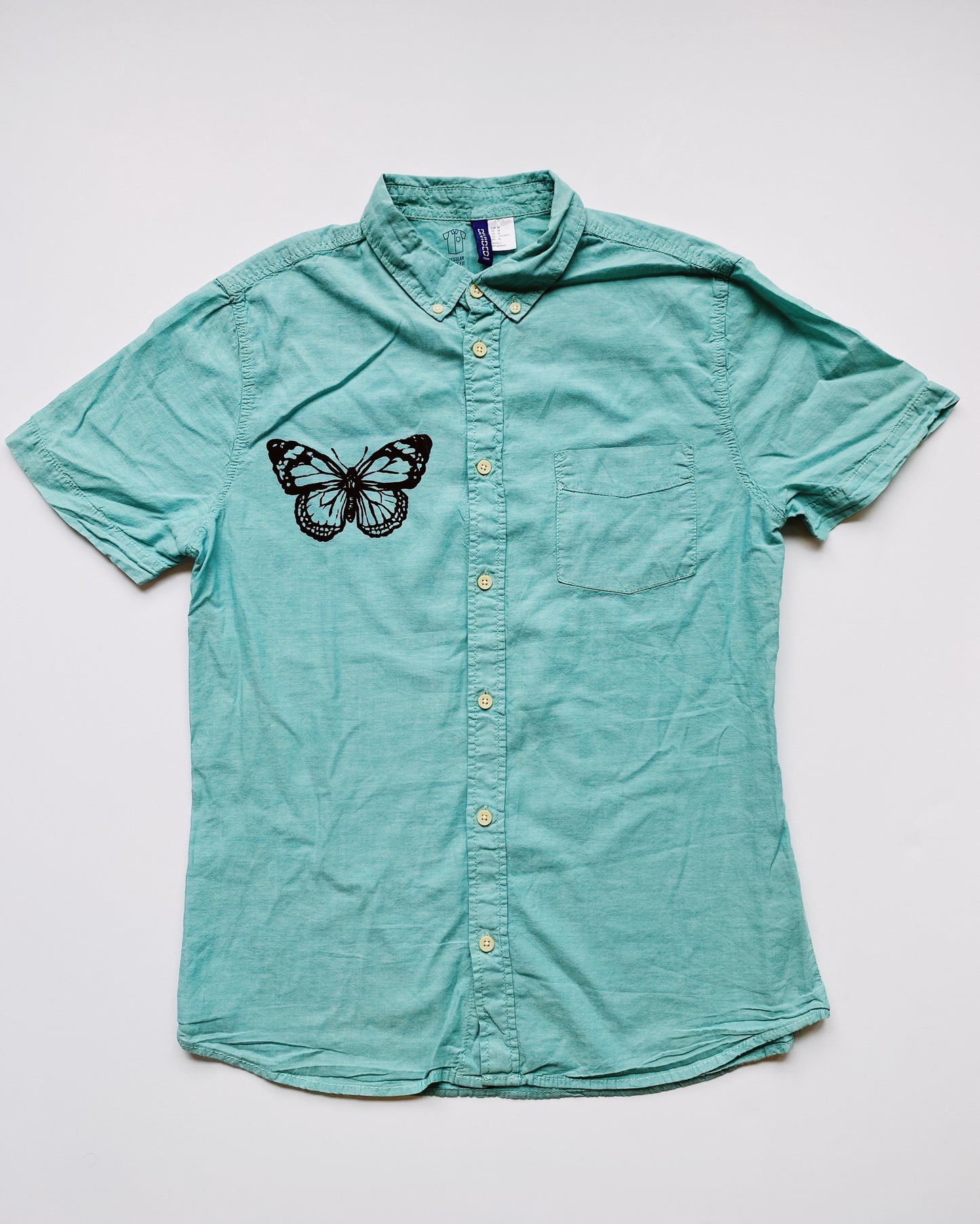 teal butterfly button down shirt