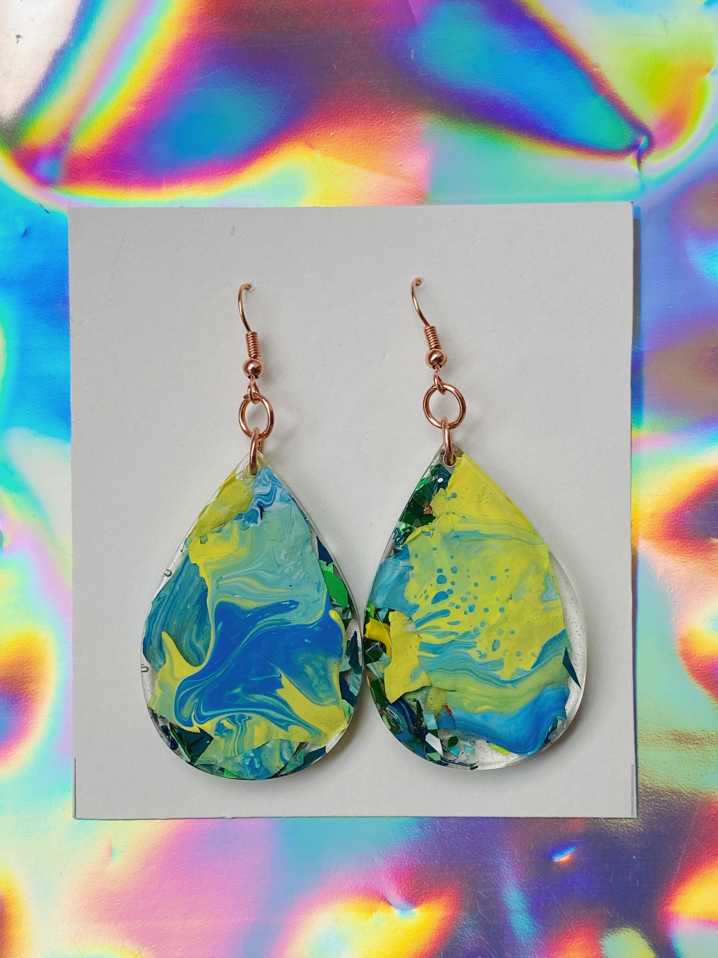 blue and yellow teardrop swirl earrings