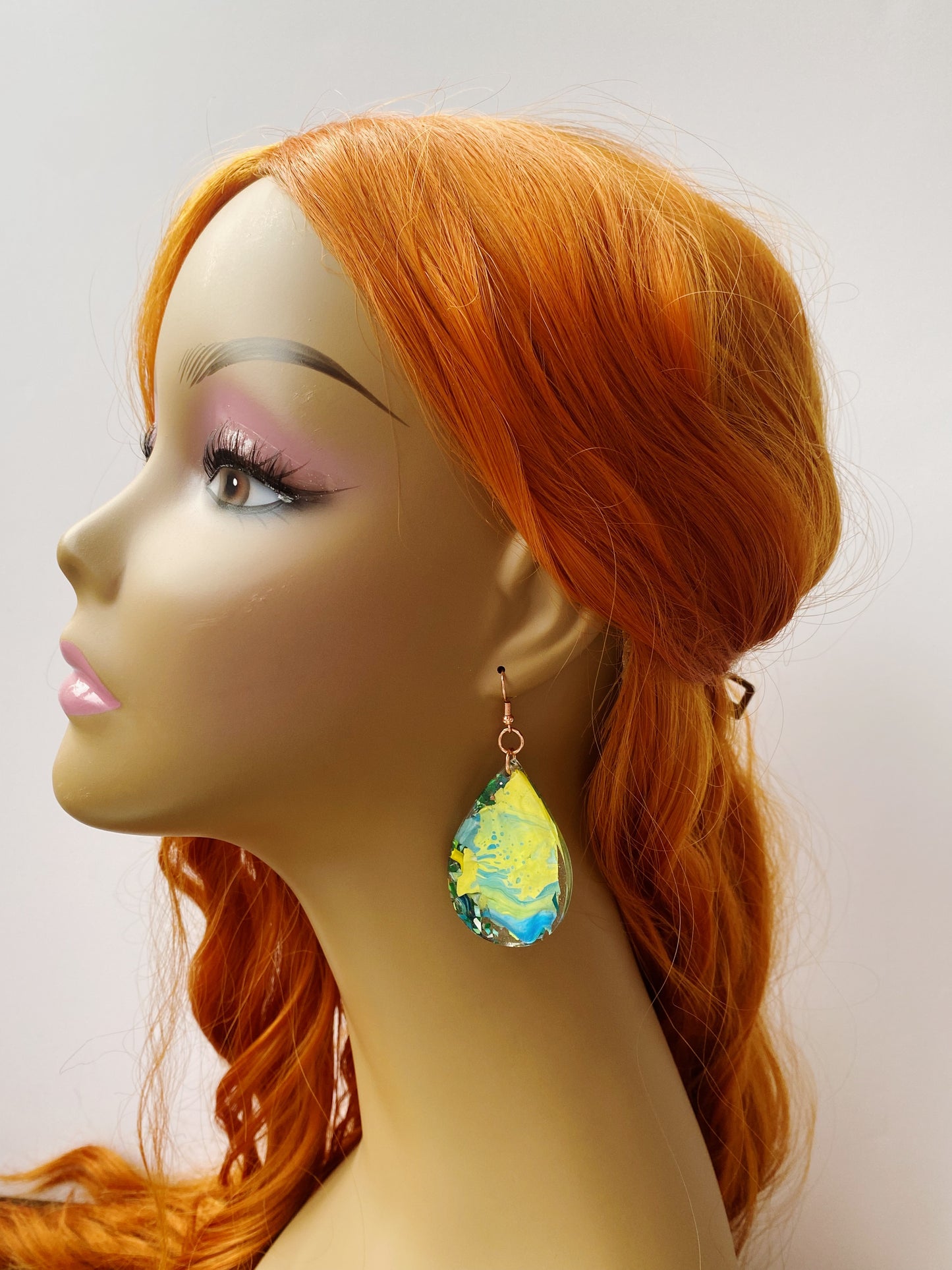 blue and yellow teardrop swirl earrings