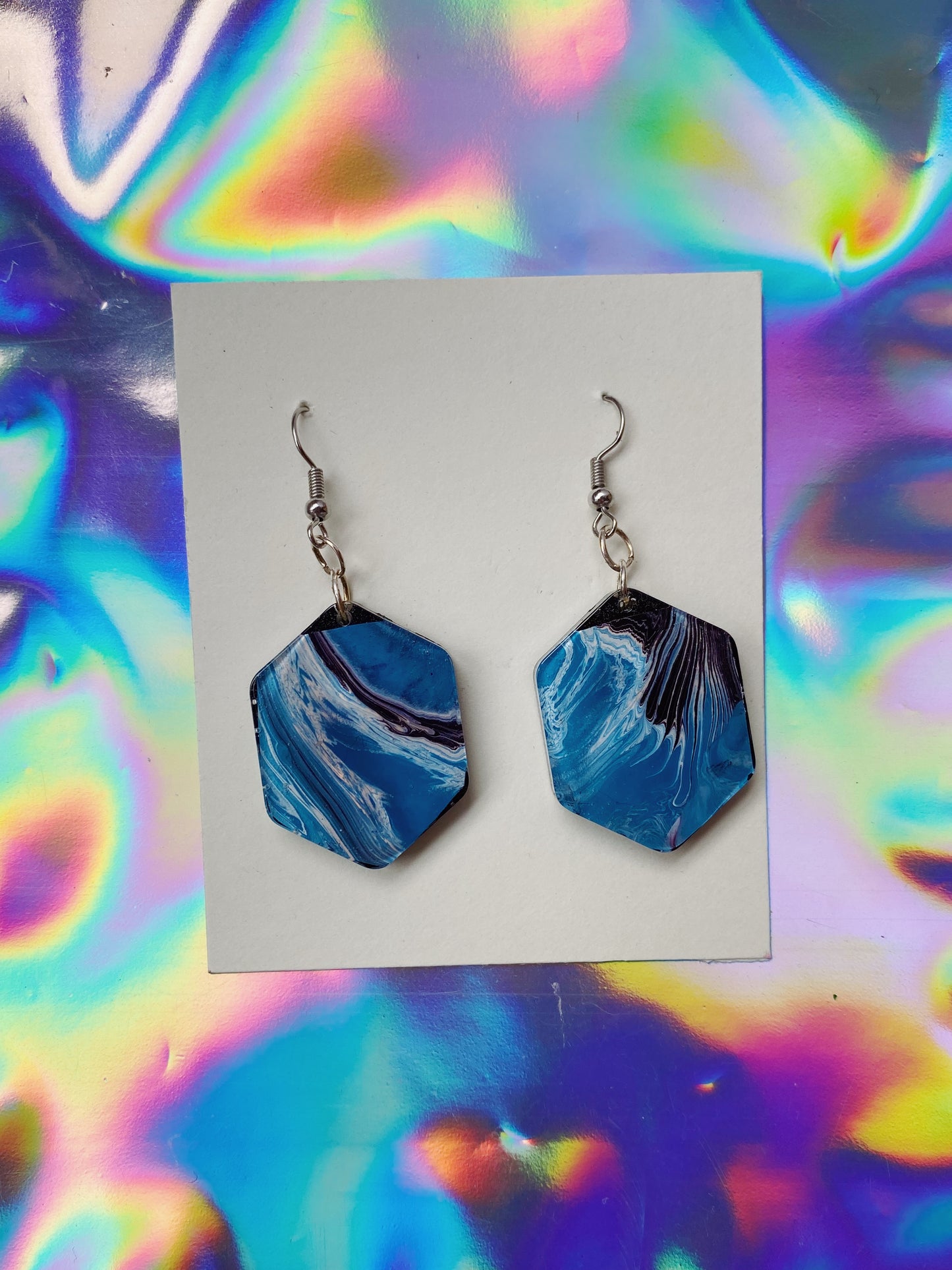 blue hexagon swirl earrings